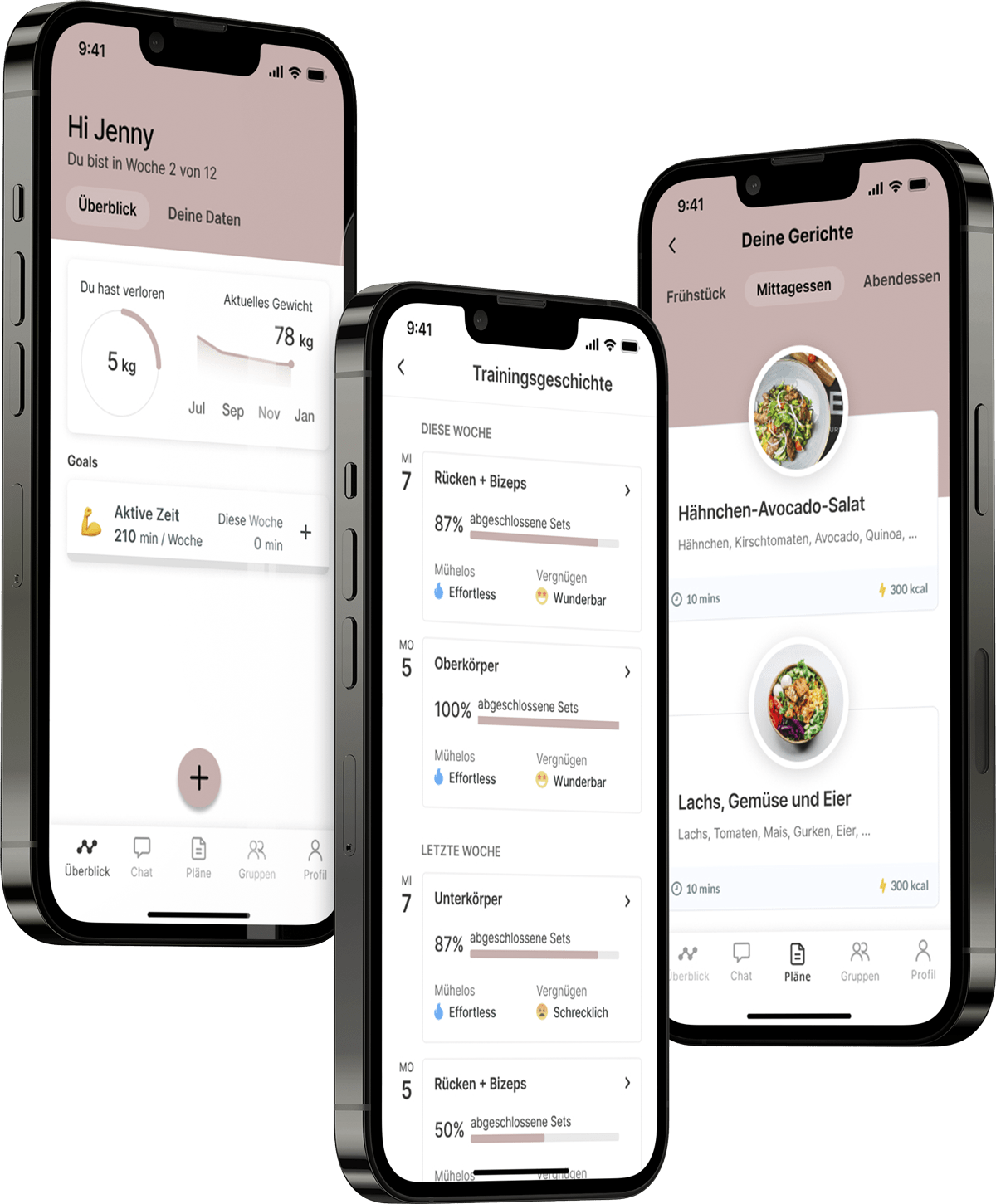 Ein Mockup der Coaching-App, das die Funktionen zeigt.